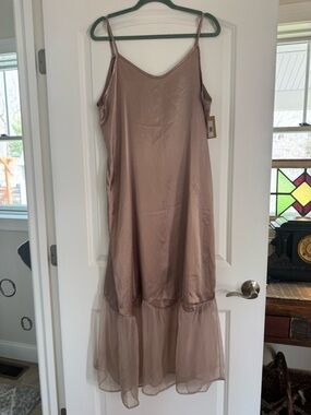 Sleeveless Mauve Satin Midi Dress with Sheer Hem